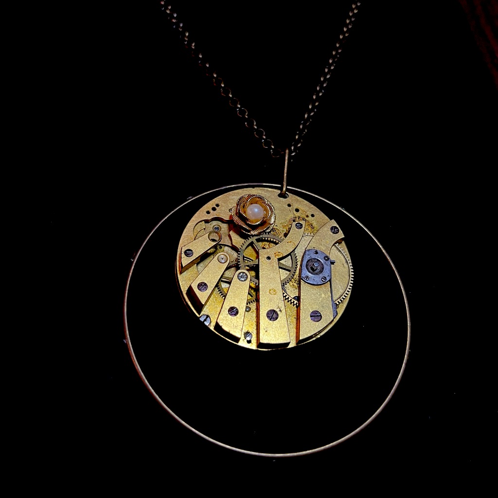 Industrial Chic Steampunk Necklace Moving Gears Pearl Swarovski Crystals